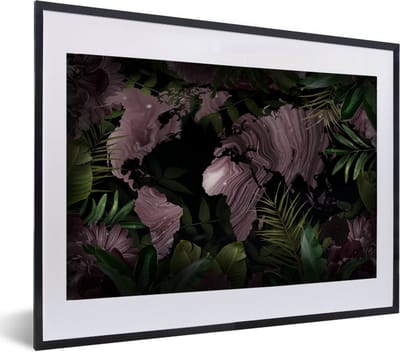 Poster in lijst - Fotolijst 60x40 cm - Posters - Wereldkaart - Paars - Bladeren - Posterlijst zwart - Decoratie - Wanddecoratie woonkamer - Muurdecoratie slaapkamer
