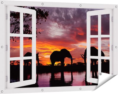 Gards Tuinposter Doorkijk Olifanten tijdens Zonsondergang - Silhouet - 120x80 cm - Tuindoek - Tuindecoratie - Wanddecoratie buiten - Tuinschilderij