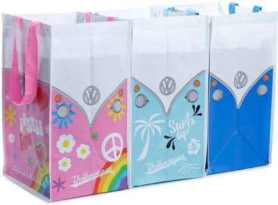 Set van 3 RPET Grote Boodschappentas met ritsen Recycling Tassen - Volkswagen busje VW T1 Blauw Surf Adventure & Summer Love - 45x25x29cm