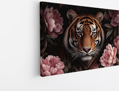 Saammp Canvas Schilderij - Natuur - Tijger tussen de roze bloemen - landschap - 45x30 - Foto op canvas - Wanddecoratie - Muurdecoratie Woonkamer - Slaapkamer decoratie - Canvas Print