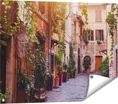 Gards Tuinposter Straatje in Rome met Groene Planten - 80x60 cm - Tuindoek - Tuindecoratie - Wanddecoratie buiten - Tuinschilderij