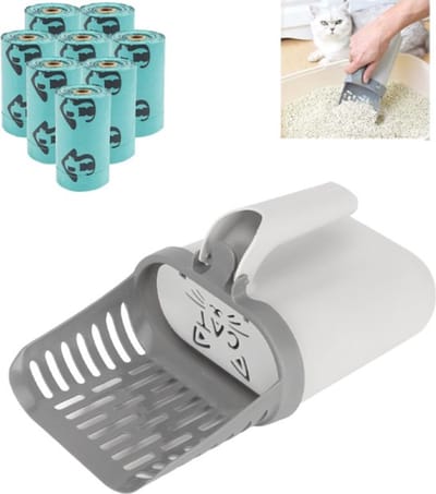 Kattenbakschep Met Opvangbak - Kattenbakvulling Reinigen - Ergonomisch - Met 8 Rollen Afvalzakken - Houder En Verwijderingssysteem Voor Kattenbakvulling In 1 - Strooiselschep Met Container - Vuilvrije Kattenbakschep - Grijs