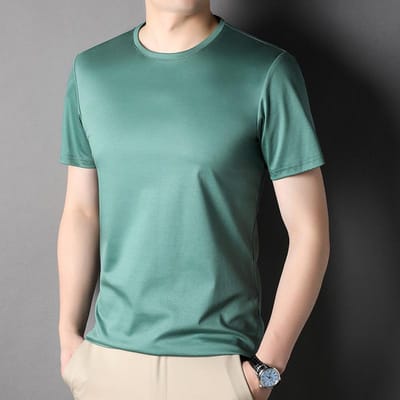 Effen Kleur Moerbeizijde T-shirt met Korte Mouwen Heren Ronde Hals Gemerceriseerd Katoen Halflange Mouwen Heren Dun Trendy T-shirt M gray