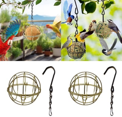 Set van 2 vogelvoeders van ijzerdraad – Hangende voederhouder voor buiten met opengewerkt ontwerp – Voederaccessoires voor wilde vogels – Bolvormige kooivoeder – Vogelvoeder voor buiten – 7 x 7 x 7 cm