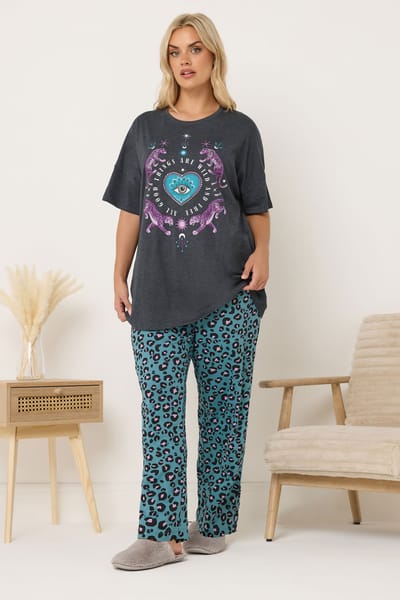 Yours Charcoal Grey Wild And Free Leopard Wide Leg Pyjama Set Size 42-44