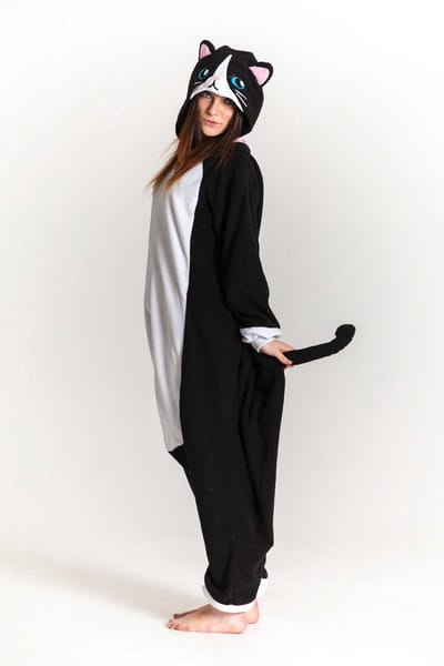 KIMU® Onesie Zwarte Kat Pak - Maat XS-S of 152-158 - Poezenpak Kostuum Zwart - Dierenpak Poes Pyjama Huispak Jumpsuit Dames Heren Volwassenen Festival