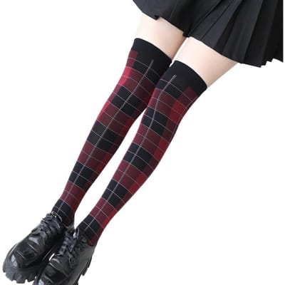 Dames 50D Nylon Rood en Zwart Gedurfd Tartan Plaid Over-de-Knie Sokken Schots Tartan Patroon Ondoorzichtige Kousen Volledige Lengte 55cm One Size black
