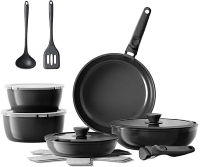 Keramische pannenset 16-delig met afneembare handvatten - Ovenbestendig en ruimtebesparend