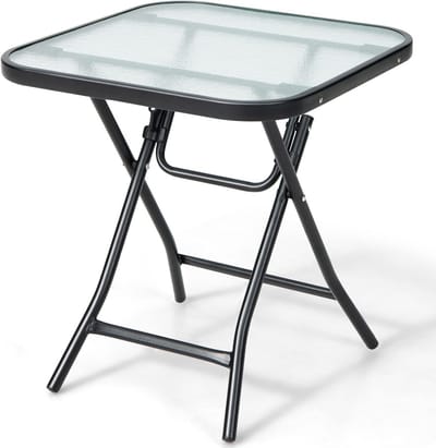 Klaptafel Vierkant - Balkontafel Bijzettafel - Buiten Zitten - Gehard Glasblad - 465 x 465 x 42 cm - Zwart