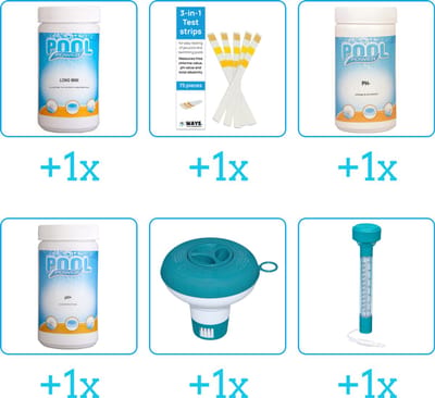 Zwembad Onderhoudspakket - Onderhoud Zwembad - bevat Chloor - Testrips - PH-min - PH-plus - Chloordrijver en Thermometer (6-delig)
