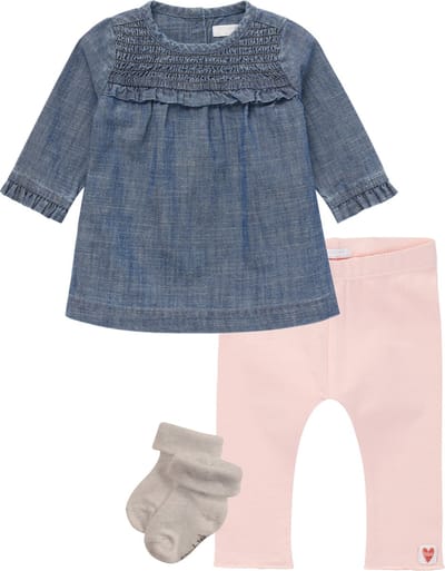 Noppies - Kledingset - 3delig - Meisjes - Jurk Lanexa Medium Blue Denim - Legging Adelaide Peach Whip - 1 paat sokjes Taupe - Maat 56