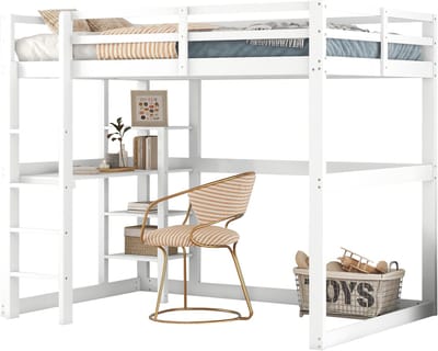 REDOM Hoogslaper 140x200 cm – Hoogslaper met Bureau en 4 Open Opbergvakken – Grenenhout – Antique White