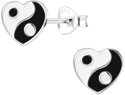 Joy|S - Zilveren hartje oorbellen - zwart wit - yin yang - 8 mm