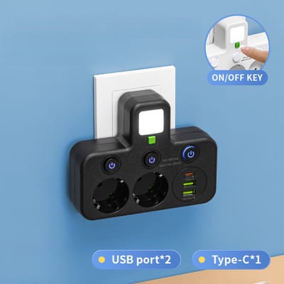 Eén naar meerdere, met schakelaar, USB-stopcontact, met USB slimme stekkerdoos, stekkerdoos, verlengsnoer, Type-C opladen, met nachtlampje, zwarte uitvoering 1