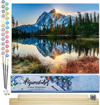 Figured'Art Schilderen op Nummer Volwassenen canvas Reflectie op het meer en de bergen - Handwerk acrylverf Kit DIY Compleet - 40x50cm met DIY houten lijst