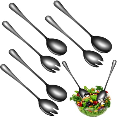 NTH products- Saladebestek 6 Stuks - Zwart Hoogglans - Roestvrij Staal - Saladelepel/Saladevork - 20 cm - Schokbestendig Gewicht - Serveerbestek