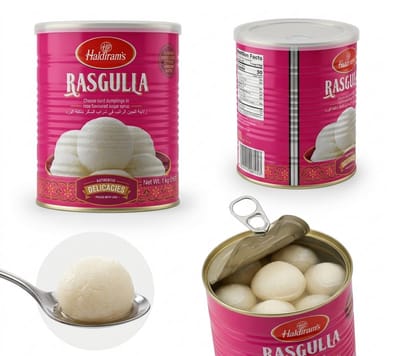 Haldiram's Rasgulla - Authentieke Indiase Zoetigheid - Zachte Sponsachtige Kaasballetjes in Siroop - Dessert - 1kg Blik Met Kajal Sticker