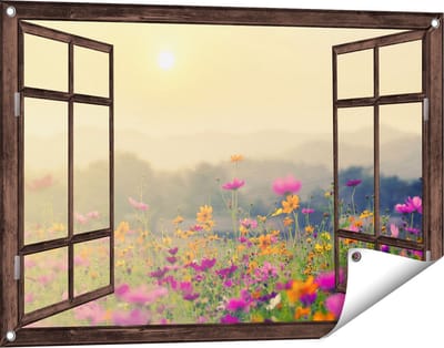 Gards Tuinposter Doorkijk Bloemenveld met Kosmos - Zonsondergang - 90x60 cm - Tuindoek - Tuindecoratie - Wanddecoratie buiten - Tuinschilderij