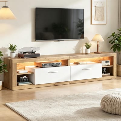 Sweiko TV meubel - LED-verlichting - 2 lades - Spaanplaat - Geschikt voor 75-inch TV's - Naturel + Wit