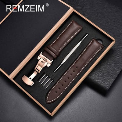 18mm 20mm 22mm 24mm Lederen Horlogeband Zwart Bruin Zachte Kalfsleer Horlogeband Automatische Vlinder sluiting met Doos 18mm black
