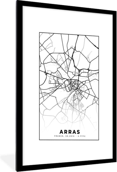 Fotolijst incl. Poster Zwart Wit- Arras - Stadskaart – Frankrijk – Kaart – Plattegrond - Zwart wit - 60x90 cm - Posterlijst