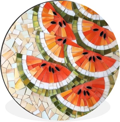 WallCircle - Wandcirkel - Muurcirkel - Mozaïek - Watermeloen - Rood - Pitten - Aluminium - Dibond - 30x30 cm - Binnen en Buiten