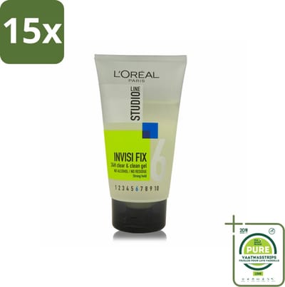 15 x L'Oréal Studio Line Invisi Fix 24H Clear & Clean Gel Strong 150 ml - Grootverpakking - 24 Uur Fixatie - Natuurlijke Look - Zonder Restjes - Gezond Haar - Flexibele Fixatie