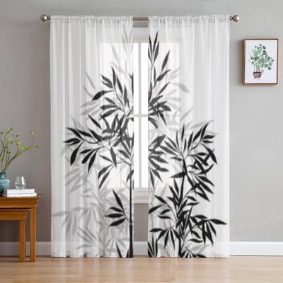Bamboe Zwart wit Luxe Chiffon Transparante Gordijnen voor Woonkamer Slaapkamer Decoratie Raam Voiles Tule Gordijn 135W x 114H(cm) white