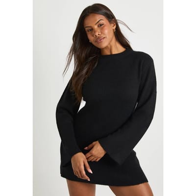 boohoo Dames Gebreide mini-jurk met ronde hals en wijde mouwen | Black | Maat: Medium