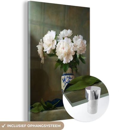 MuchoWow® Glasschilderij 120x180 cm - Schilderij acrylglas - Vaas - Pioenrozen - Wit - Foto op glas - Schilderijen