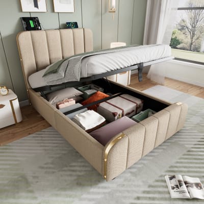Gutent-Gestoffeerd eenpersoonsbed 90x200 cm-gestoffeerd hoofdbord met gouden sierstrepen en USB Type-C oplaadfunctie-zonder matras