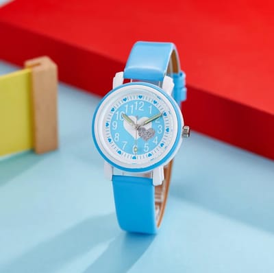 Actie4you® - Meisjes Horloge – Licht Blauw met Hartjes – PU Leren Bandje - Girls Watch – Kids Horloge