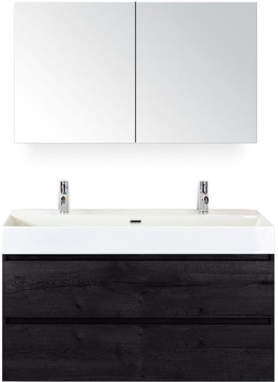 Maxx XL Badmeubelset 120 cm - Black Oak - Wastafel Kube Enkel 2 Kraangaten met Spiegelkast