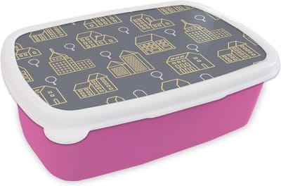 Broodtrommel Roze - Lunchbox - Brooddoos - Patronen - Gebouwen - Goud - 18x12x6 cm - Kinderen - Meisje