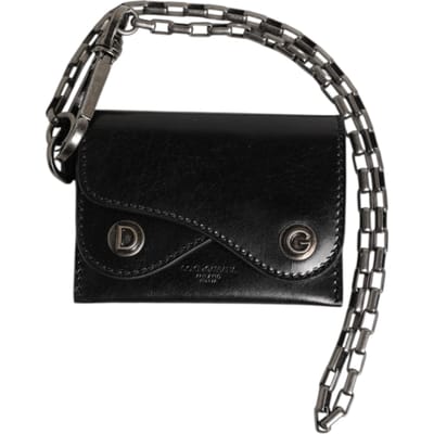 Dolce & Gabbana Zwarte Cavallo Leren Portemonnee Ketting Drukknop Bifold Kaart Houder