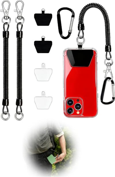 Universele telefoonlanyard met karabiner en patches, geschikt voor alle smartphones en de meeste hoesjes, ideaal voor onderweg en handsfree gebruik
