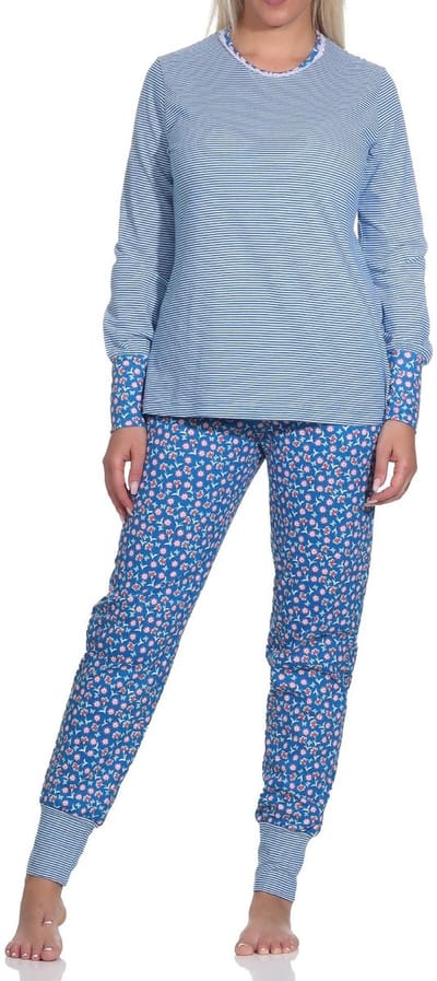 Normann Dames Pyjama Lange Mouwen met Manchet, Top Gestreept, Broek Bloemenbedrukt