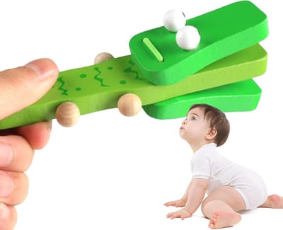 Houten Kastagnet - Muziek Speeltje - Ritme Leren - Leuk Krokodil Design - 12.5 x 3.7 cm - Groen