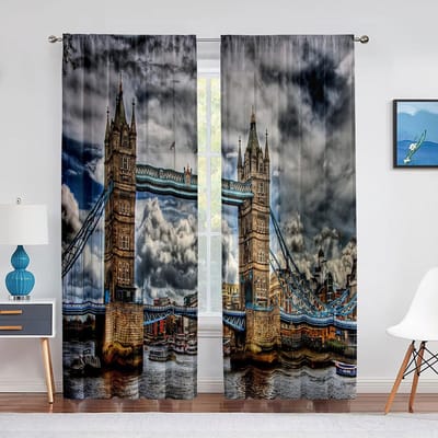 London Tower Bridge Nachtzicht Rivier Tule Gordijnen voor Woonkamer Slaapkamer Keuken Raam Chiffon Transparant Voile Gordijn Jaloezieën 1 PCS W100XH250cm&Grommet Top