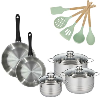 Set van 2 Pannen 24/28cm Fackelmann Geneva met 3 Braadpannen 16/20/24cm en 5 keukengerei Oceaan