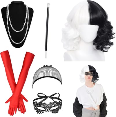 Korte Krullende Perücke voor Vrouwen, Half Zwart en Half Wit, Ideaal voor Kostuumfeest, Halloween en Carnaval