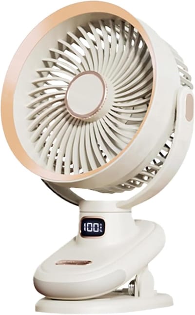 Oplaadbare USB mini ventilator met clip, 5 snelheden en oscillerende draaifunctie, stil en draagbaar in vintage stijl voor slaapkamer, kantoor en woonkamer-Beige
