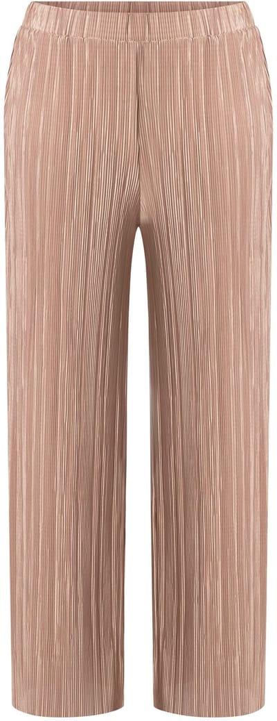 Ulla Popken - Dames - Geplooide broek wijde pijpen hoge taille elastische band - Lichtbruin - Maat 42+
