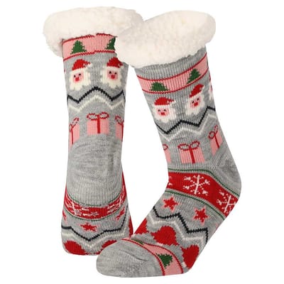 Morethansocks - Huissokken kerst dames - One size - Multi Grijs- Fluffy sokken kerst - anti slip sokken kerst - Huissloffen kerst - kerstsokken dames