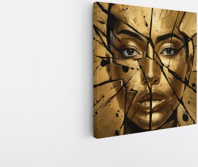 Saammp Canvas Schilderij - Goude Vrouw met zwarte verfspetters - abstract - 20x20 - Foto op canvas - Wanddecoratie - Muurdecoratie Woonkamer - Slaapkamer decoratie - Canvas Print