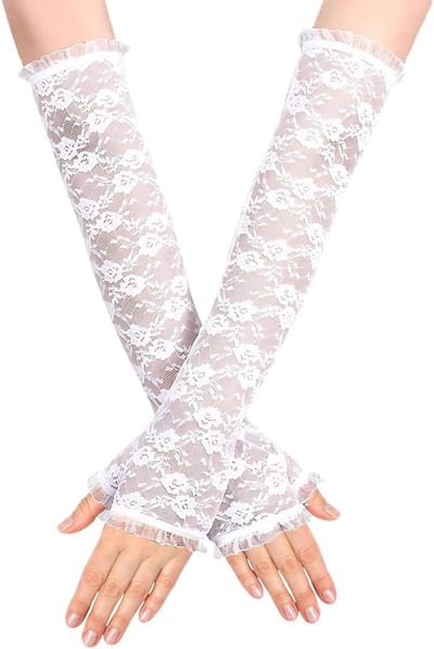 Elegante Kanten Vingerloze Handschoenen voor Bruiloft, Gala en Theatervoorstellingen - Ellebooglang en Bloemmotief (Wit)