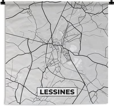 Wandkleed - Wanddoek - België – Lessines – Stadskaart – Kaart – Zwart Wit – Plattegrond - 180x180 cm - Wandtapijt