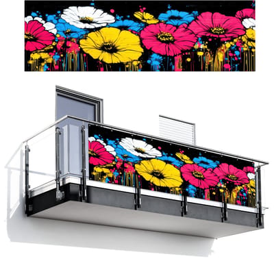 Balkonscherm 300x95 cm - Balkonposter Graffiti - Bloemen - Kleur - Balkon scherm decoratie - Balkonschermen - Balkondoek zonnescherm