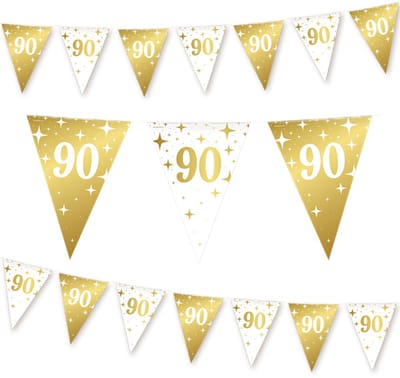 Q2P - 90 Jaar Slinger - Verjaardag Versiering - Vlaggenlijn - Slingers - Feest Decoratie - Vlaggetjes - Wit & Goud - 10m