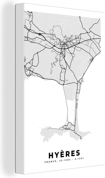 Canvas Schilderij Kaart - Stadskaart - Frankrijk - Hyères - Plattegrond - 20x30 cm - Wanddecoratie
